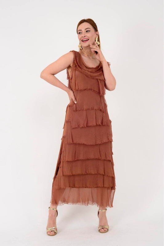 Long Italian Fit Slimming Layered Silk Dress - Cinnamon