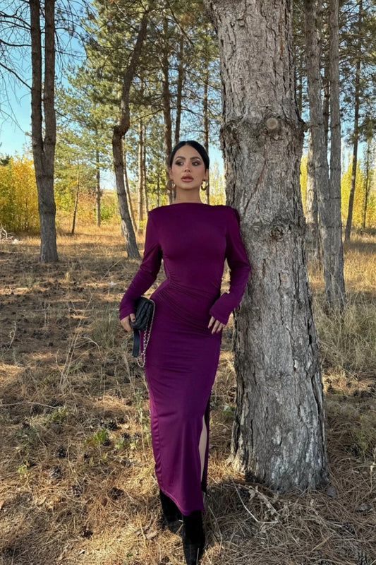 Long Mermaid Cowl Neck Sandy Open Back Slit Dress - Plum