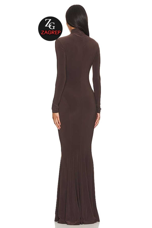 Long Mock Neck Ruffle Hem Evening Dress - Brown