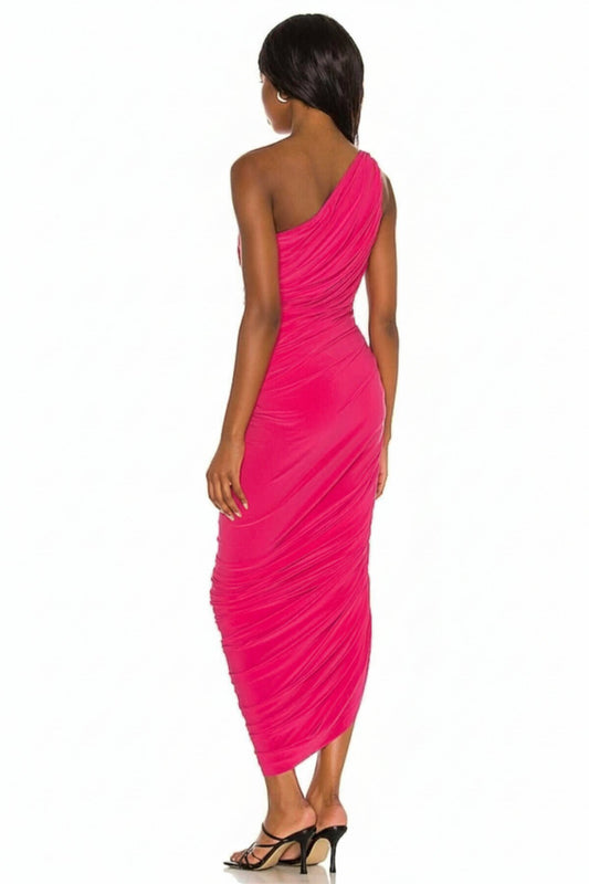 Long One-Shoulder Draped Ruched Lined Evening Dress - Pink