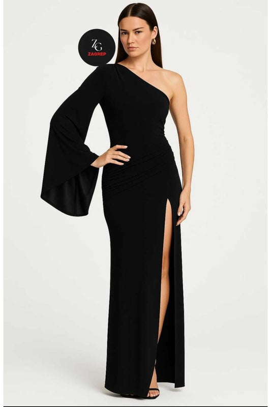 Long One-Shoulder Silk Jersey Slit Sleeve Detail Evening Dress - Black