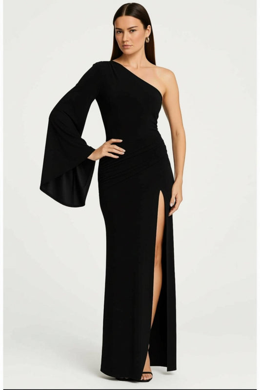 Long One-Shoulder Silk Jersey Slit Sleeve Detail Evening Dress - Black