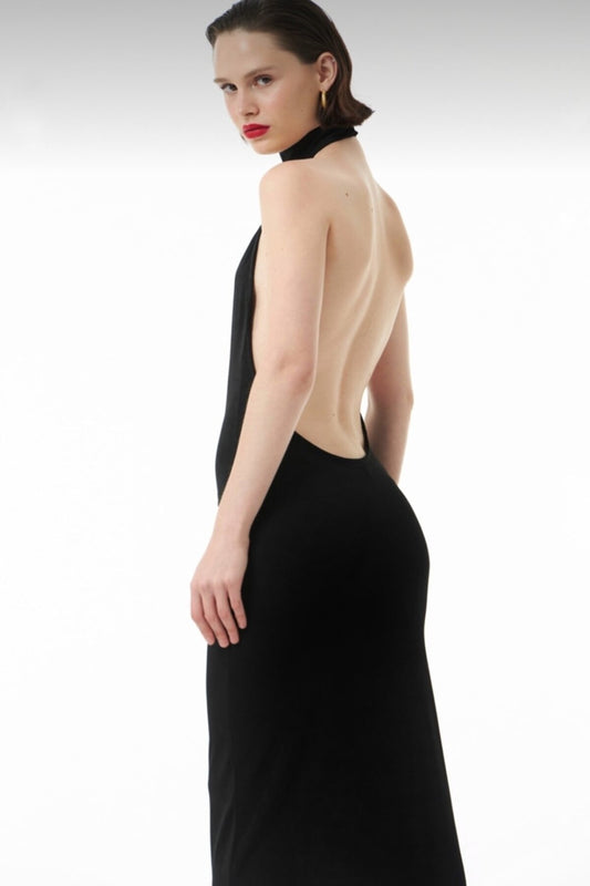 Long Open-Back Leather-Detail Evening Dress - Black