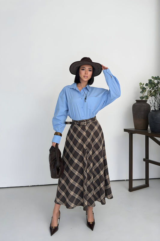 Long Plaid Belted Skirt - Brown