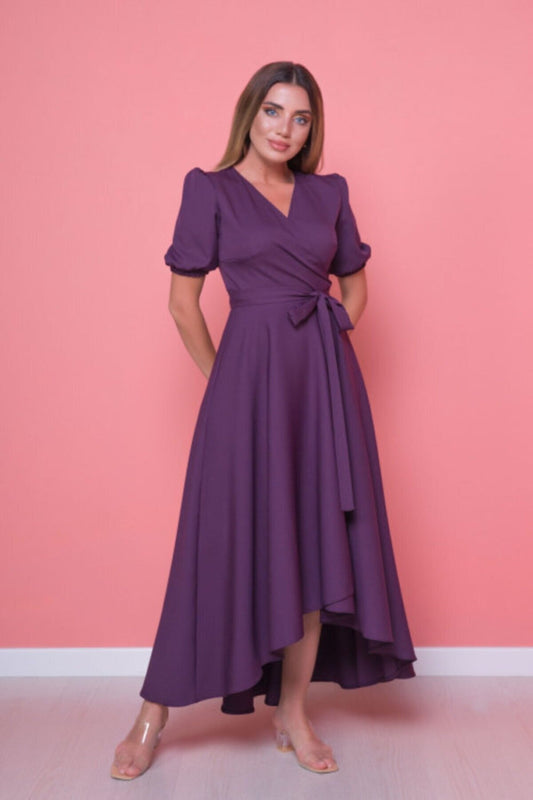 Long Plus Size Asymmetric Cut Dress - Plum Purple