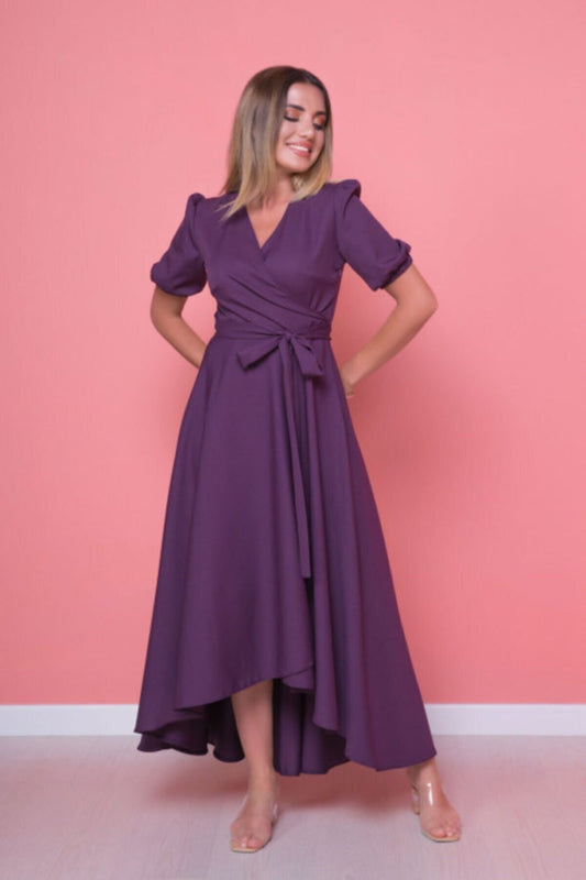 Long Plus Size Asymmetric Cut Dress - Plum Purple