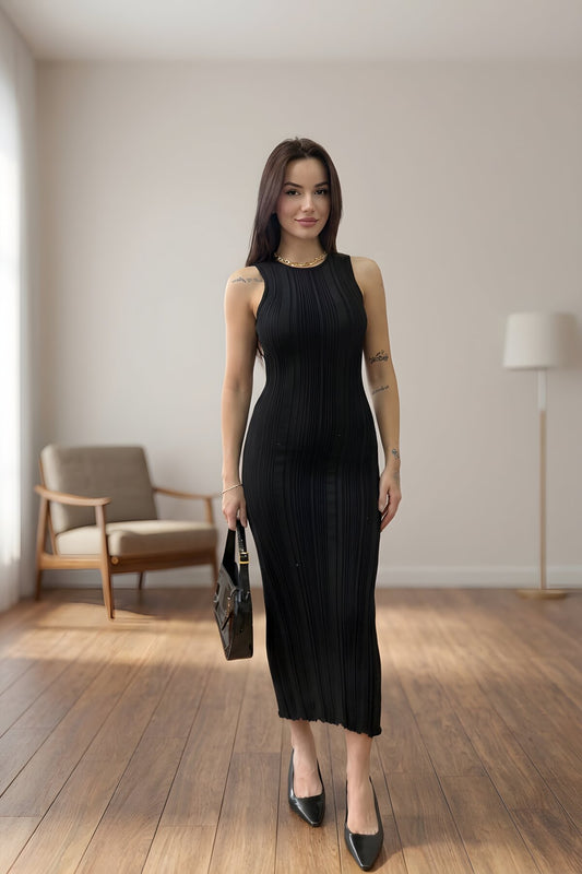 Long Ribbed Knit Dress - Black