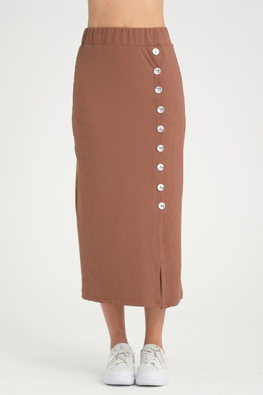 Long Ribbed Slit Skirt with Button Detail - Brown