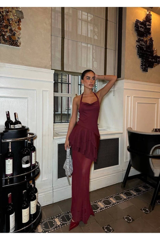 Long Ruffle Tulle Detailed Backless Evening Dress - Burgundy