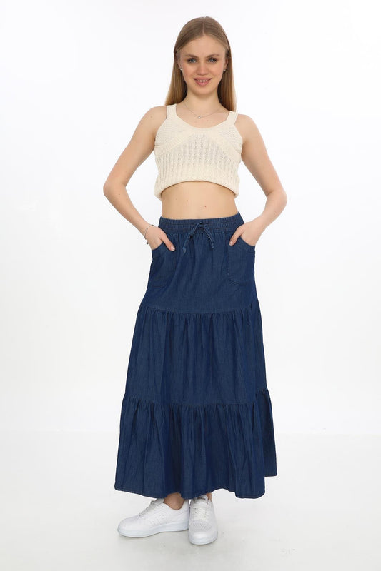 Long Ruffled Enzyme Fabric Pocketed Skirt - Denim Blue