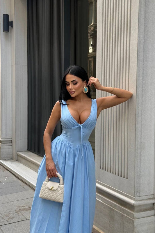 Long Simon Poplin Corset Detailed Dress - Blue