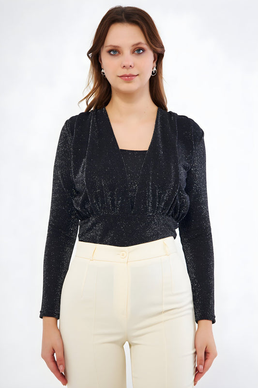 Long Sleeve Glittery Knitted Ruched Detail Snap-Button Bodysuit - Black