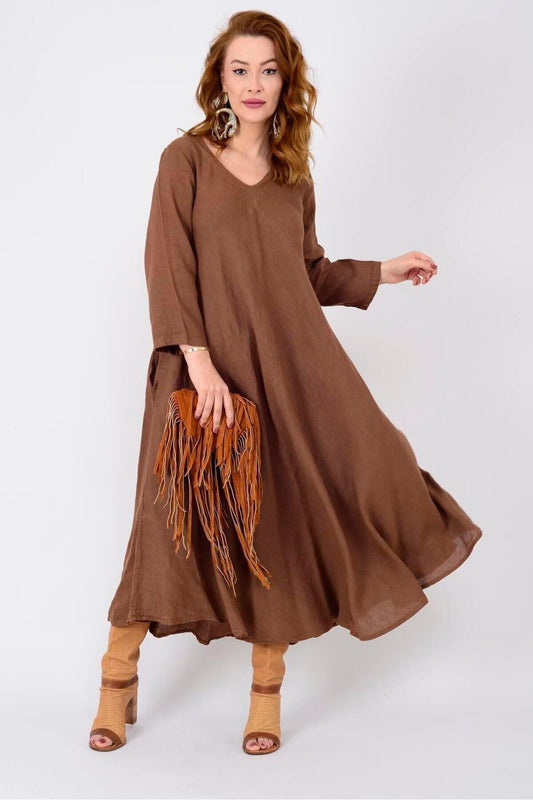 Long Sleeve Italian Linen V-Neck Dress - Brown