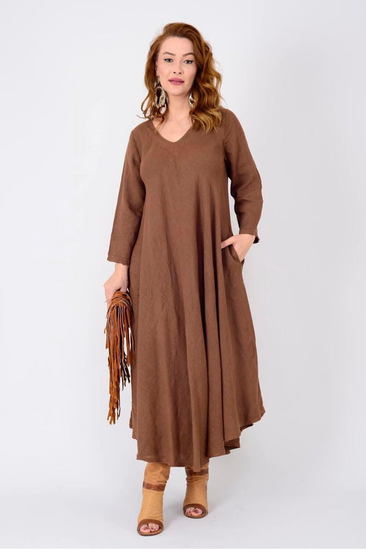 Long Sleeve Italian Linen V-Neck Dress - Brown