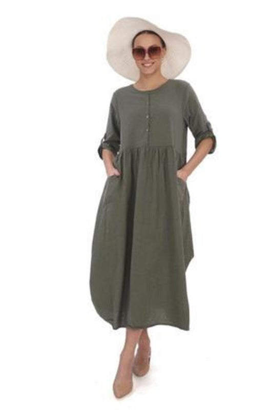 Long Sleeve Linen Balloon Dress - Khaki