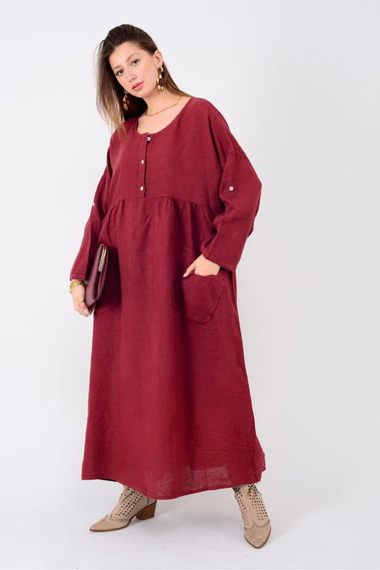 Long Sleeve Linen Italian Buttoned Dress - Burgundy