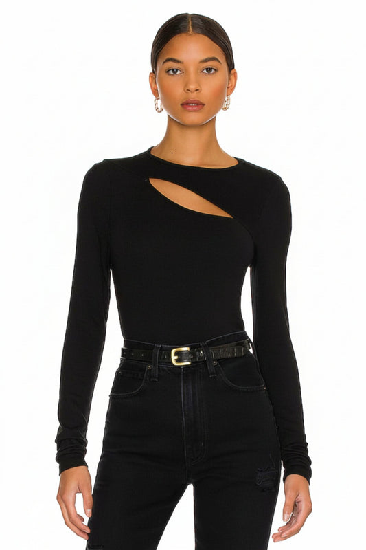 Long Sleeve Opaque Silk Jersey Front Cut-out Blouse - Black