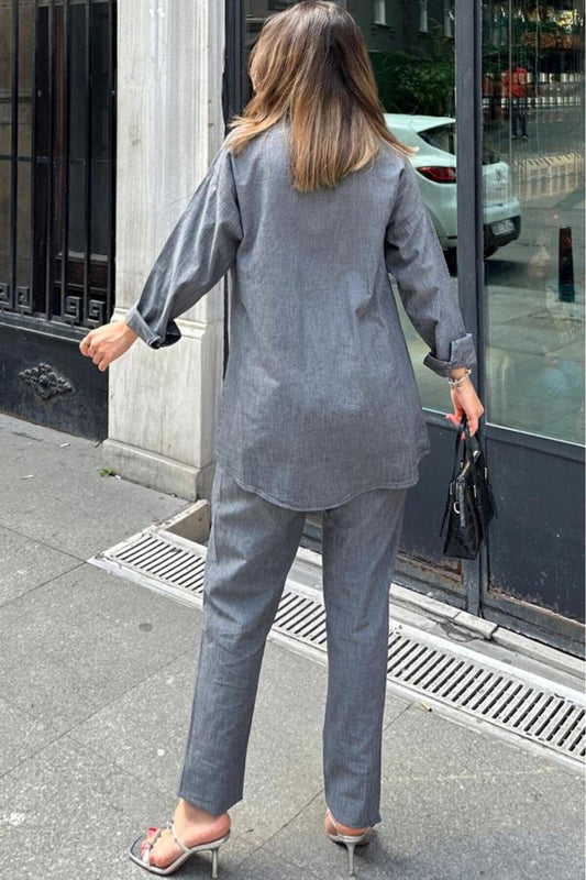 Long-Sleeve Pocketed Shirt and Elastic-Waist Pants Set - Anthracite