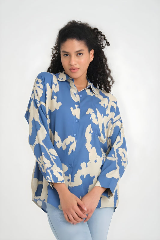 Long Sleeve Relaxed Fit Drapey Pleated Viscose Shirt - Blue