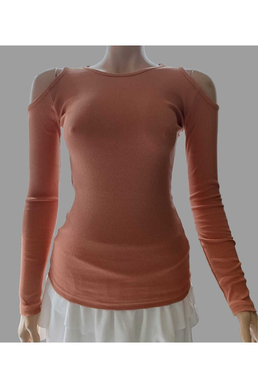 Long-Sleeve Ribbed Knit Crew Neck Cut-out Blouse - Coral
