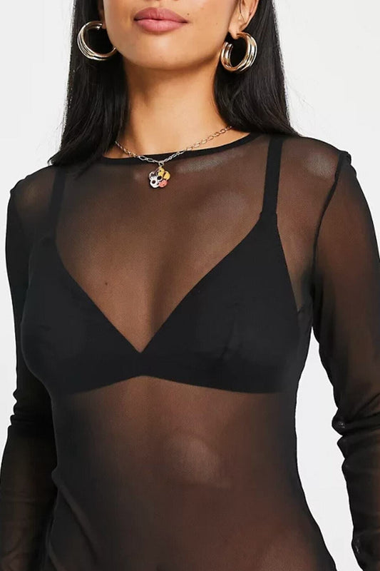 Long Sleeve Sheer Tulle Blouse - Black