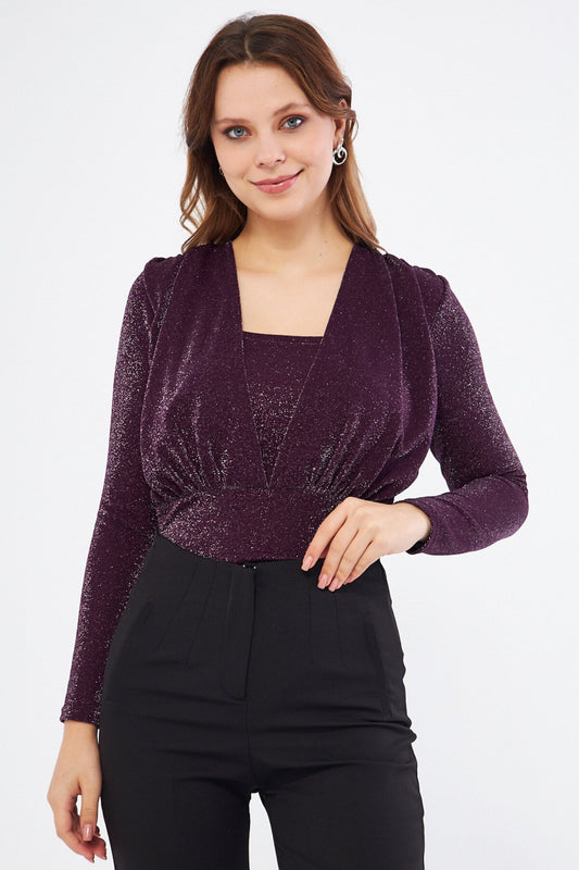 Long Sleeve Shimmering Knit Ruched Detail Snap Bodysuit - Plum