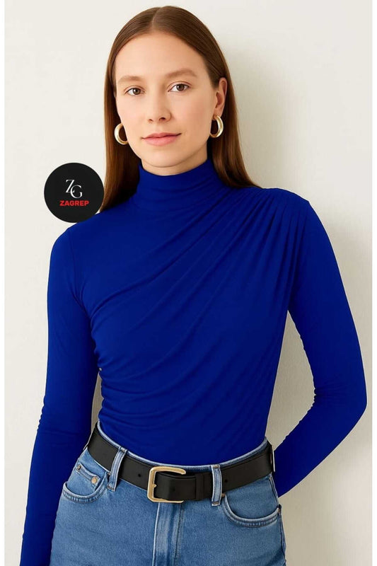 Long Sleeve Silk Jersey Ruched Blouse - Royal Blue