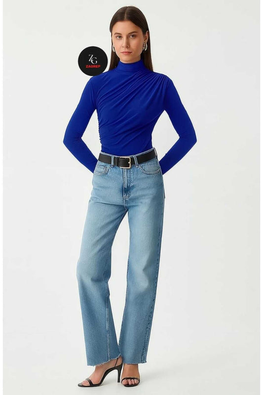 Long Sleeve Silk Jersey Ruched Blouse - Royal Blue