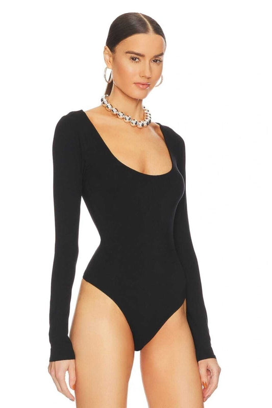 Long Sleeve Silk Jersey U-Neck Bodysuit - Black