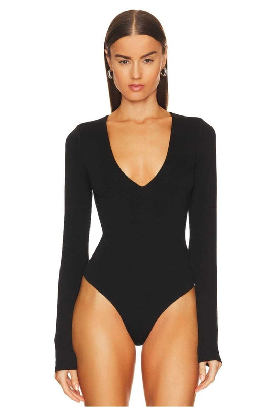 Long Sleeve Silk Jersey V-Neck Bodysuit - Black