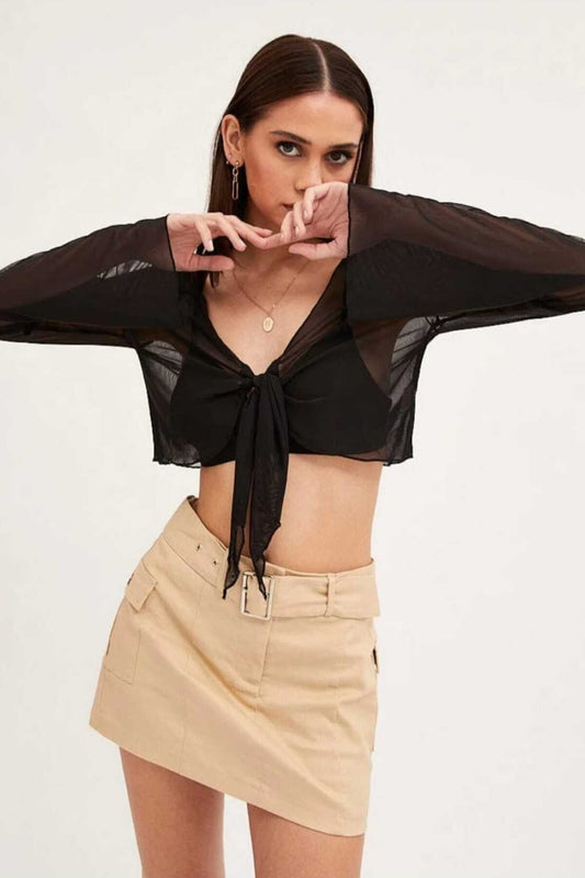 Long Sleeve Spanish Style Tulle Bustier Crop Blouse - Black