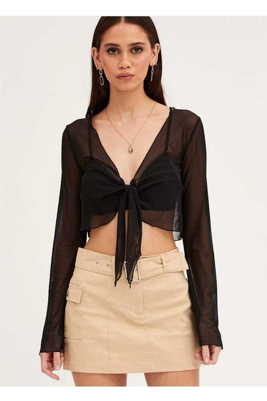 Long Sleeve Spanish Style Tulle Bustier Crop Blouse - Black