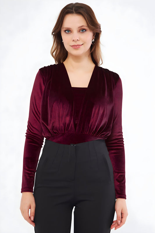 Long Sleeve Velvet Gathered Snap Bodysuit - Burgundy