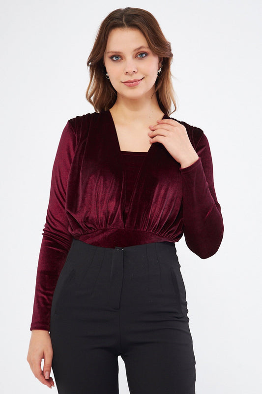 Long Sleeve Velvet Gathered Snap Bodysuit - Burgundy
