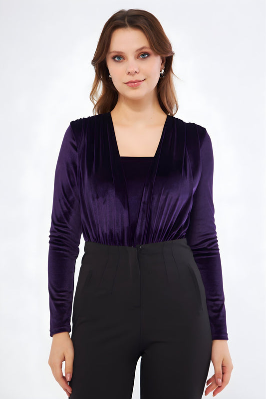 Long Sleeve Velvet Ruched Bodysuit - Plum