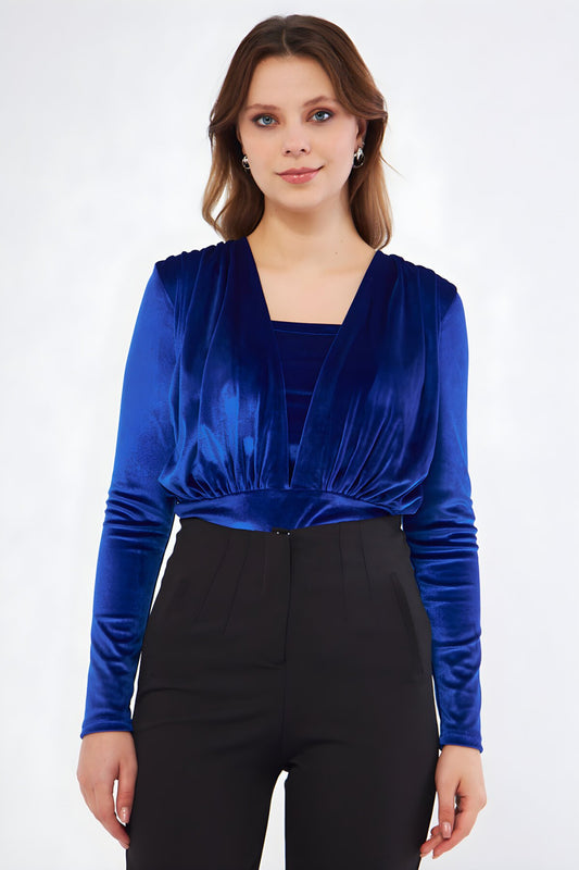 Long Sleeve Velvet Ruched Detail Bodysuit - Royal Blue