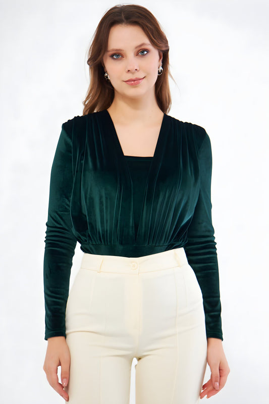 Long Sleeve Velvet Ruched Snap Bodysuit - Emerald