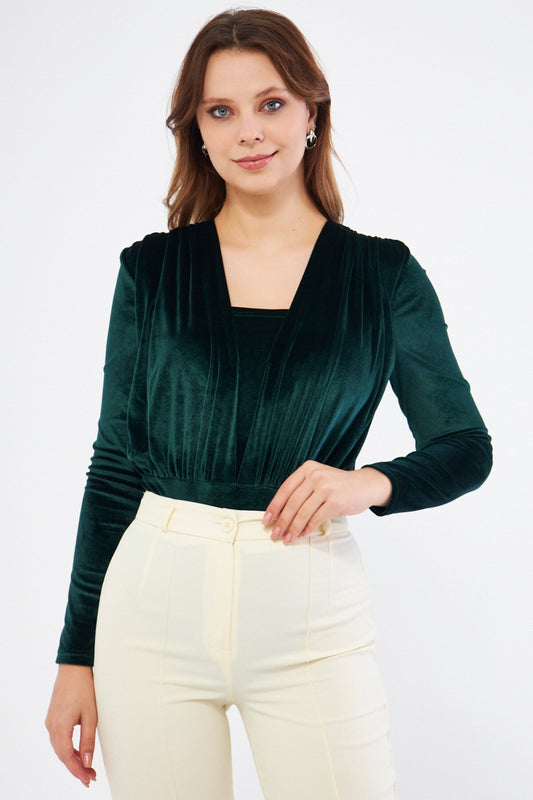Long Sleeve Velvet Ruched Snap Bodysuit - Emerald