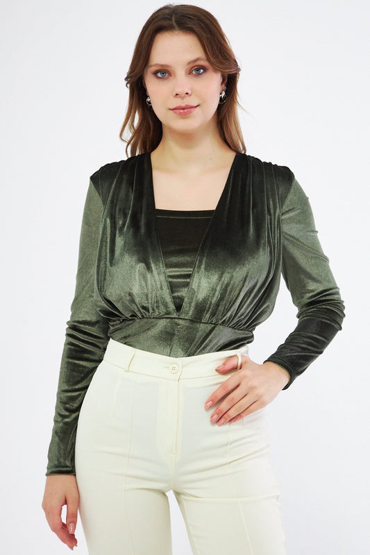 Long Sleeve Velvet Ruched Snap-Closure Bodysuit - Khaki