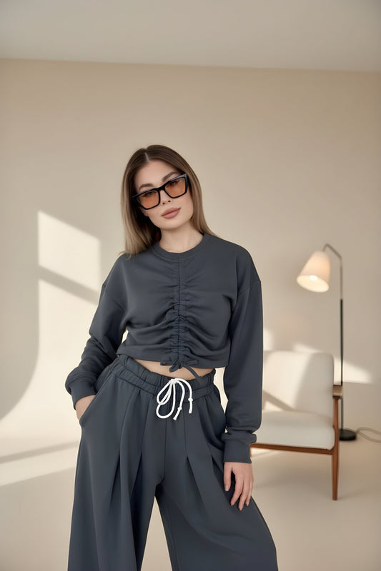 Long Sleeved Front Ruched Crop Trousers Two-Piece Set - Anthracite