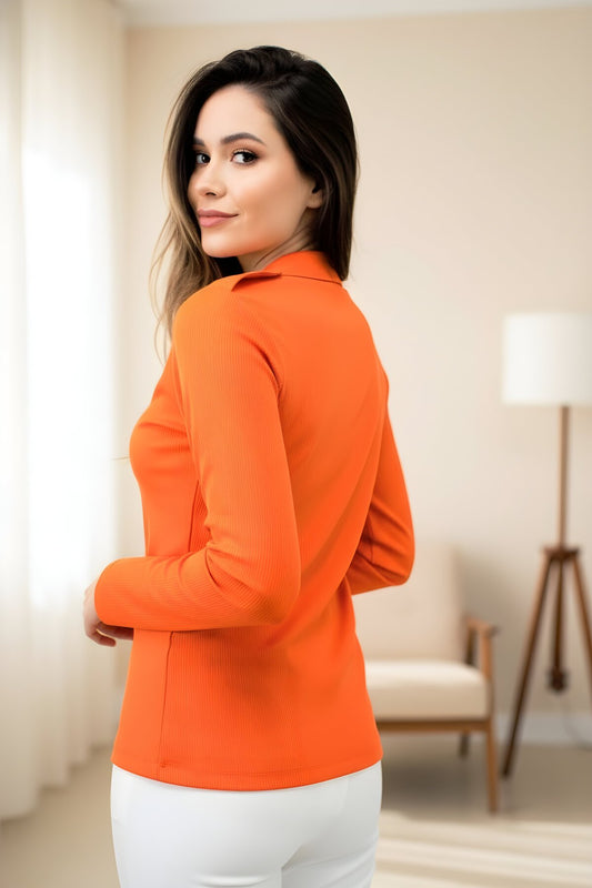 Long Sleeved Rib-Knit Epaulet Buttoned Half-Placket Pocket Detail Blouse - Orange