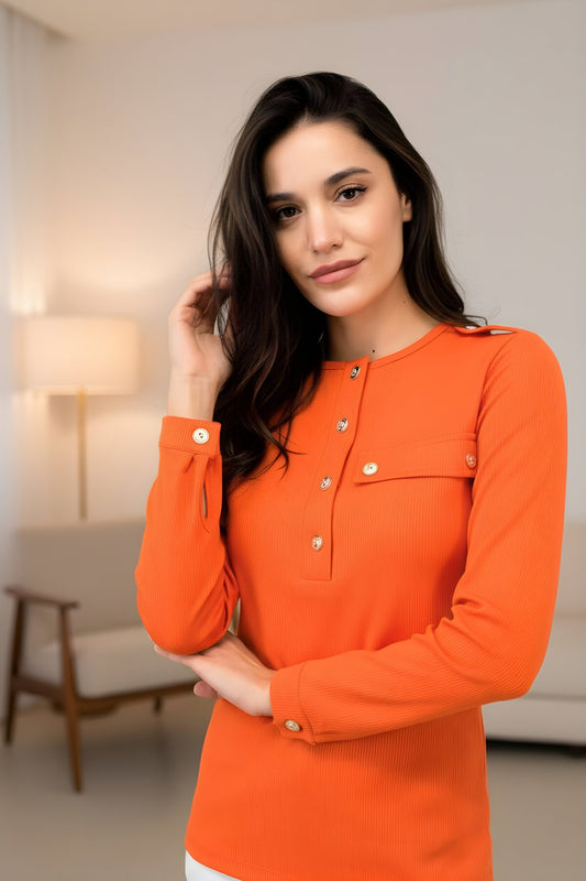Long Sleeved Rib-Knit Epaulet Buttoned Half-Placket Pocket Detail Blouse - Orange