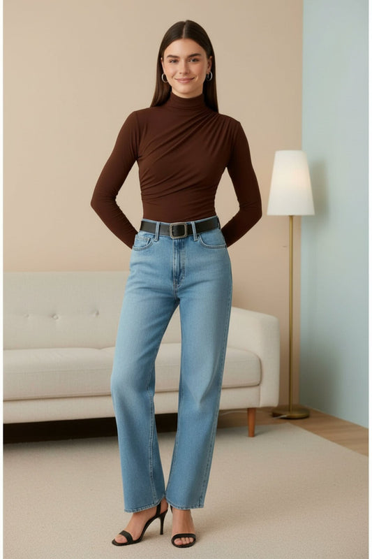Long-Sleeved Ruched Blouse - Brown