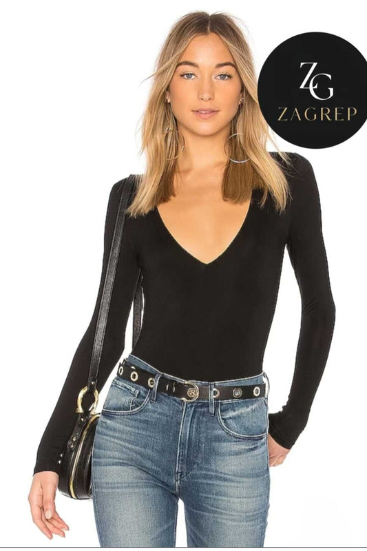 Long Sleeved Silk Jersey V Neck Bodysuit - Black