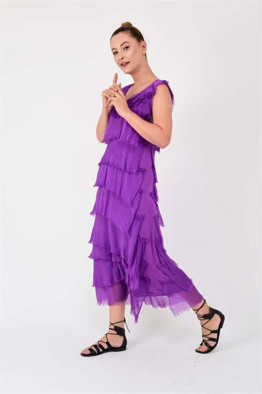 Long Slimming Fitted Layered Italian Silk Dress