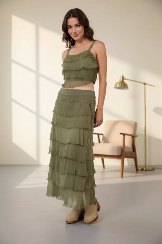Long Slimming Italian Cut Pleated Silk Skirt - Light Khaki