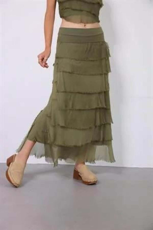 Long Slimming Italian Cut Pleated Silk Skirt - Light Khaki