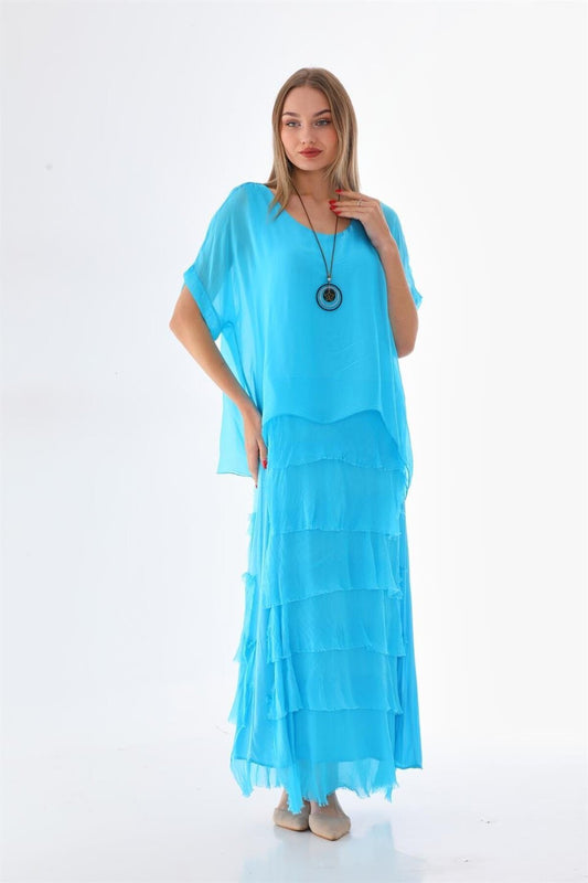 Long Slimming Italian Fit Fold Silk Half-Sleeve Dress - Turquoise