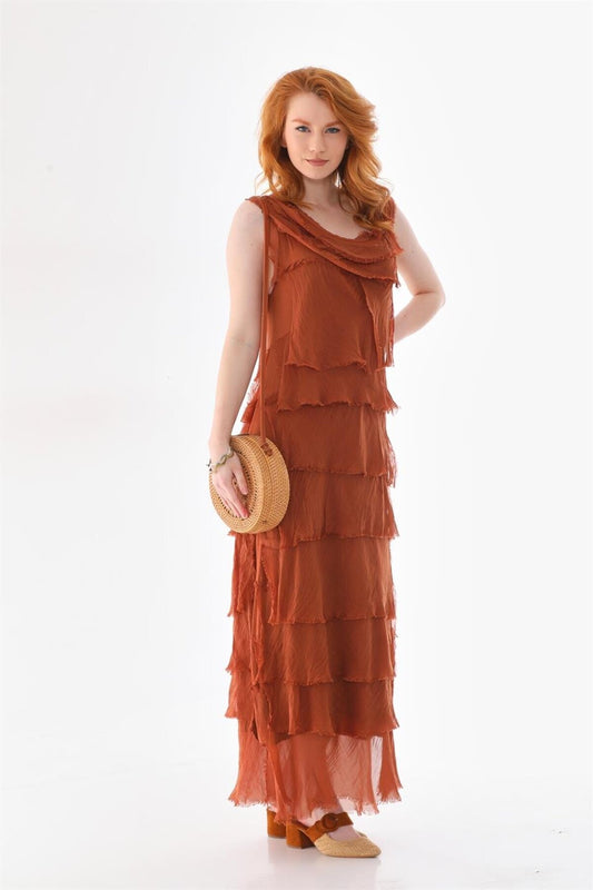 Long Slimming Italian Fit Layered Silk Dress - Camel