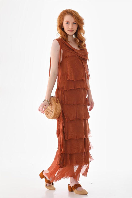 Long Slimming Italian Fit Layered Silk Dress - Camel